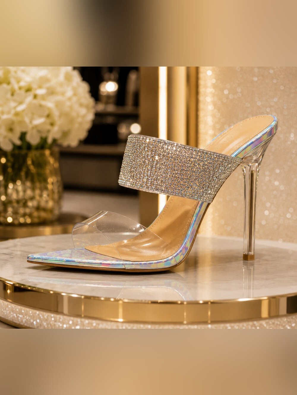 Sparkle Clear Strap High Heel Sandal - Silver Irredescent